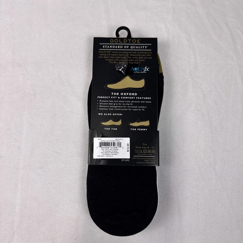 Goldtoe Mens Oxford No Show Socks 3 Pair Grey Black Shoe Size 8-11 Cotton Blend